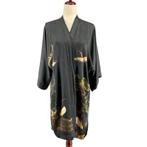 Ledamon 100% Silk Kimono Robe OS Black Trees Cranes Butterflies Boho No Belt